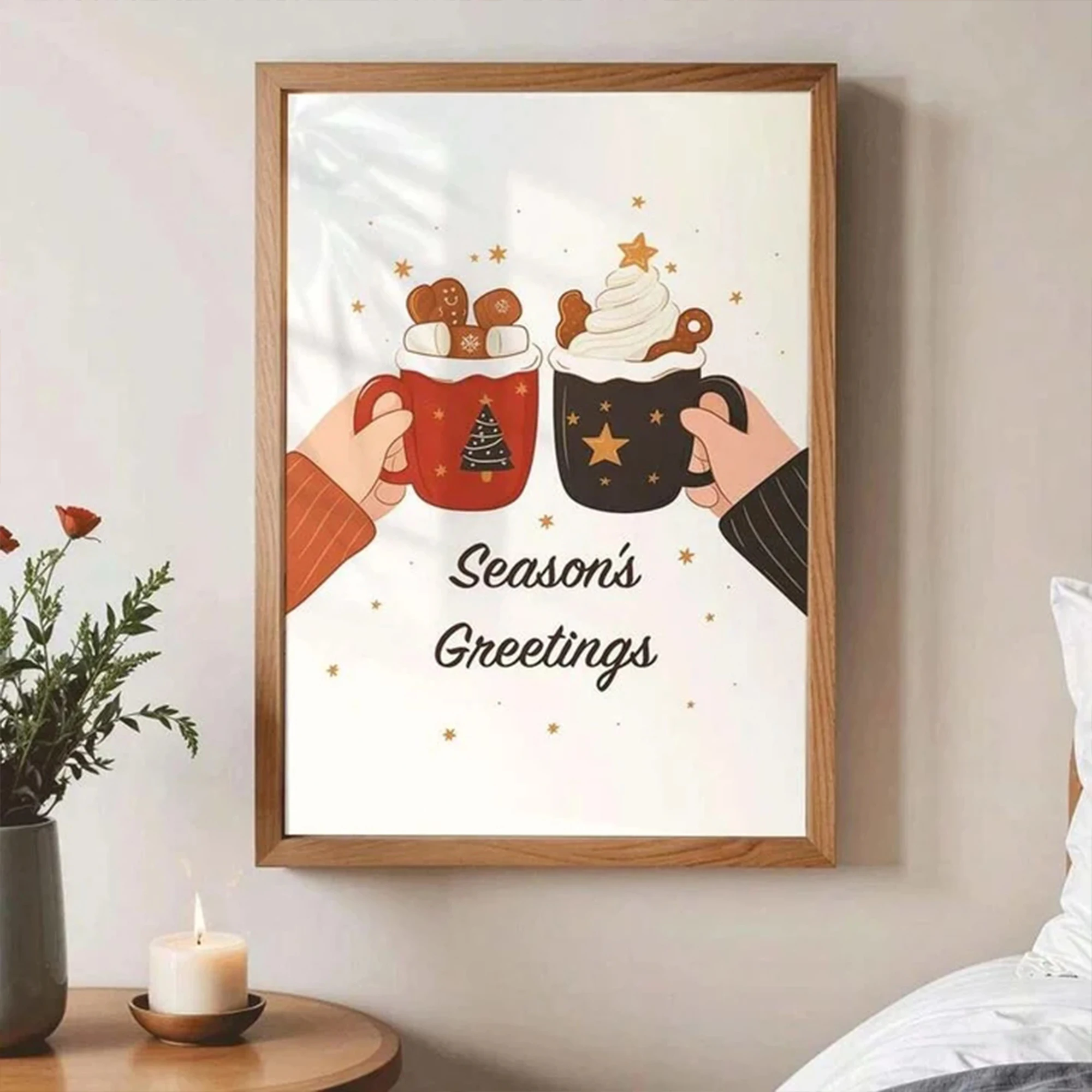 Retro Season's Greetings, Christmas Hot Cocoa Mugs Wall Art Print Canvas Painting Poster Picture For Living Room Home Decor