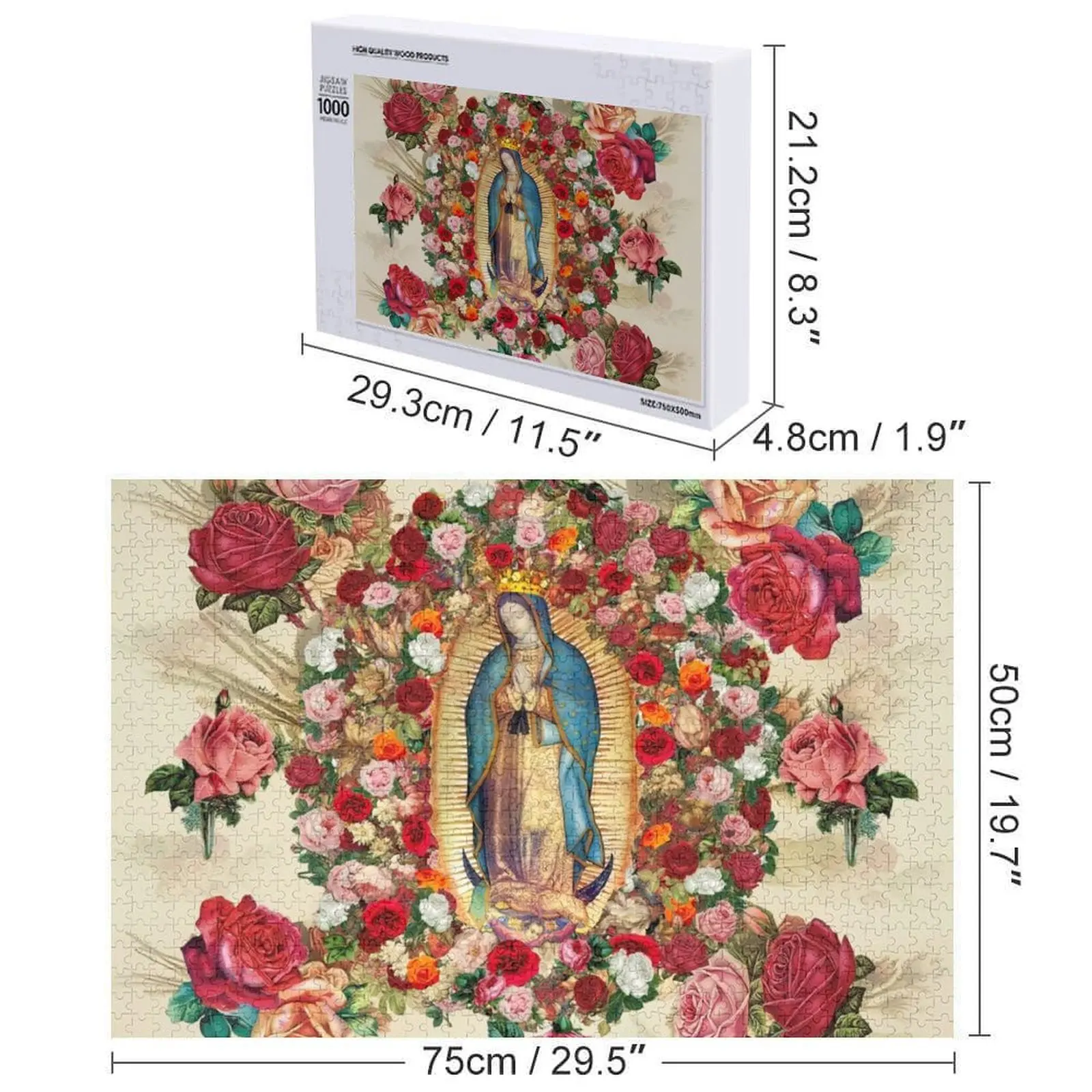 Puzzle z fotopuzzle z motywem Matki Boskiej z Guadalupe i różanym potpourrem, w stylu anime.