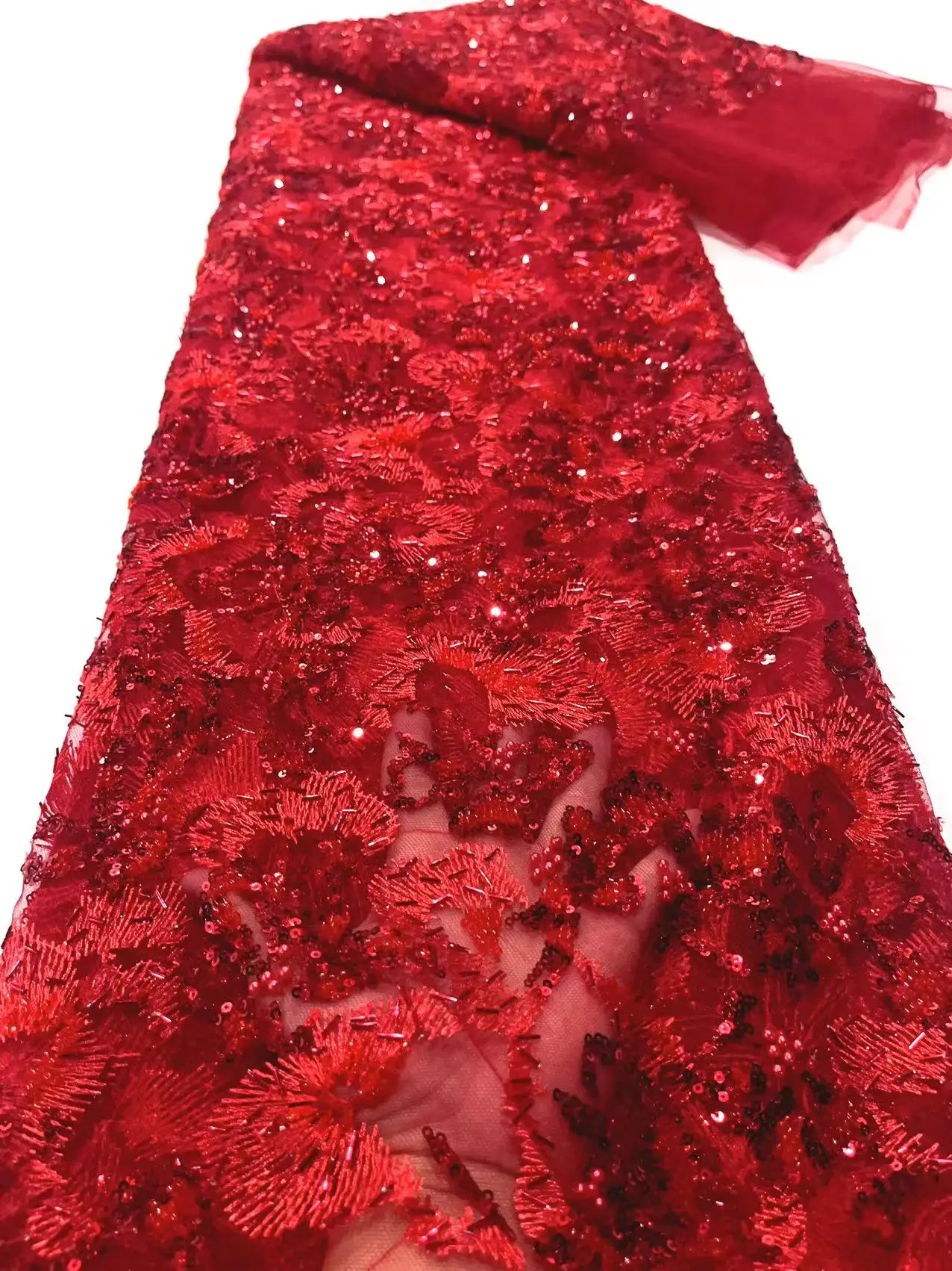 

Red Luxurious African Sequins Beaded Groom Tulle lace Fabric 2023 High Quality Embroidery French Lace For Party Dress