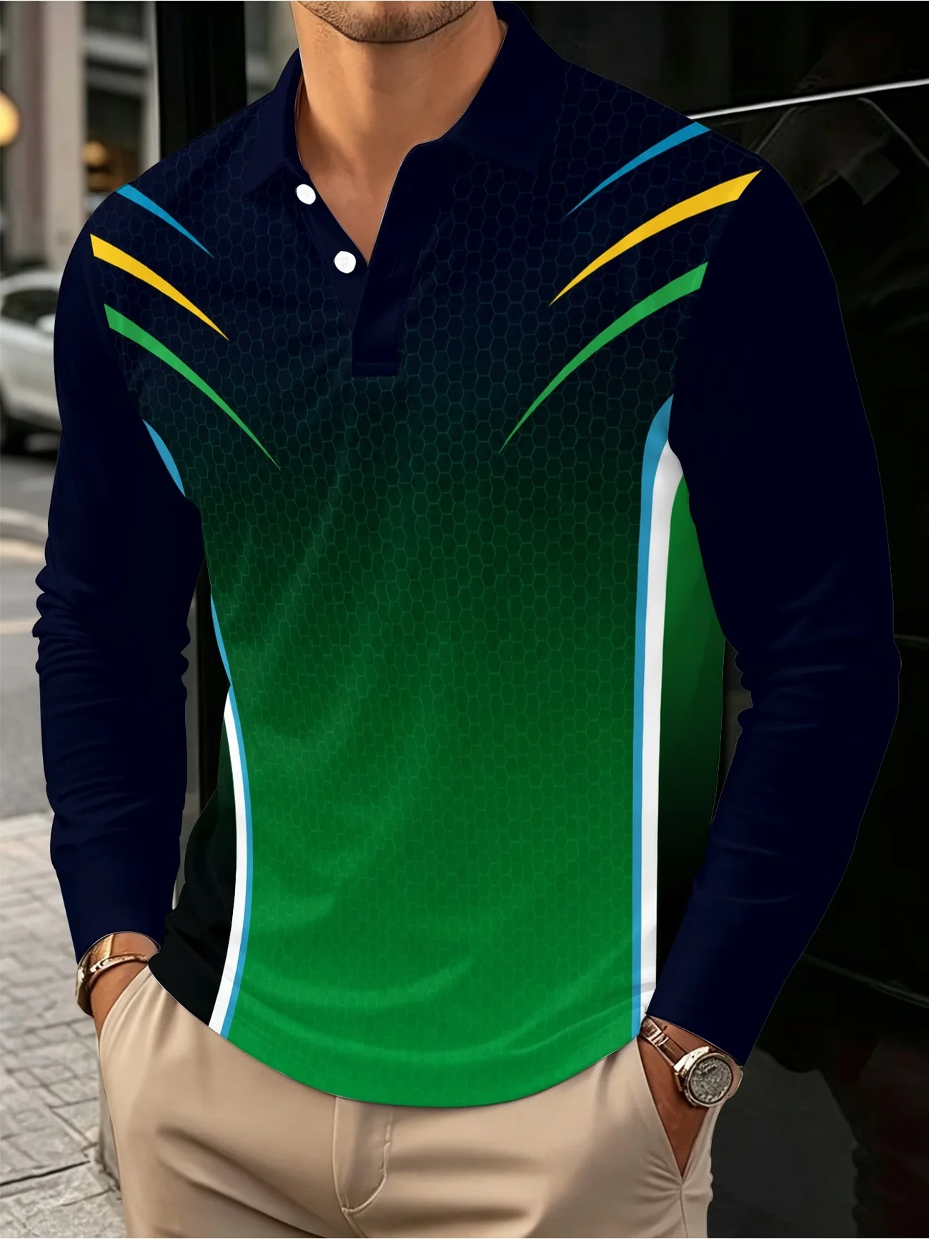 Men Long Sleeve 3D Digital Print Casual Polo Shirt Fashion Button Lapel Resilient Tops Sport Golf Outdoor Daily All Season Wear