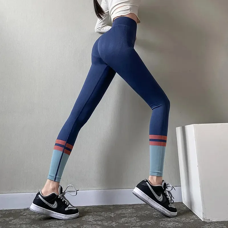 Women's High Waist Seamless Yoga Leggings Color Block Patchwork Compression Sports Pants for Running Fitness