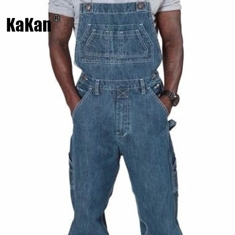 Kakan - European and American New Versatile One Piece Strap Jeans for Men, Simple Multi Pocket Loose Fit Jeans K54-Q003