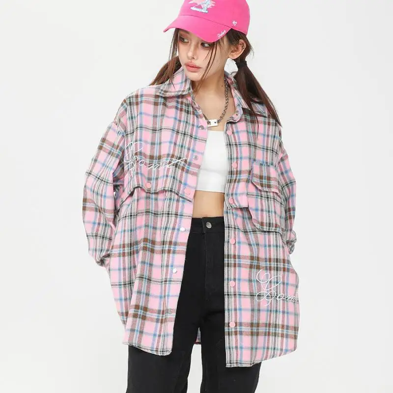 Tawaaiw Pink Plaid Women Shirt Long Sleeve Spring Autumn Tops Korean Fashion Couple Single Breasted Removable Blouse Loose Y2k