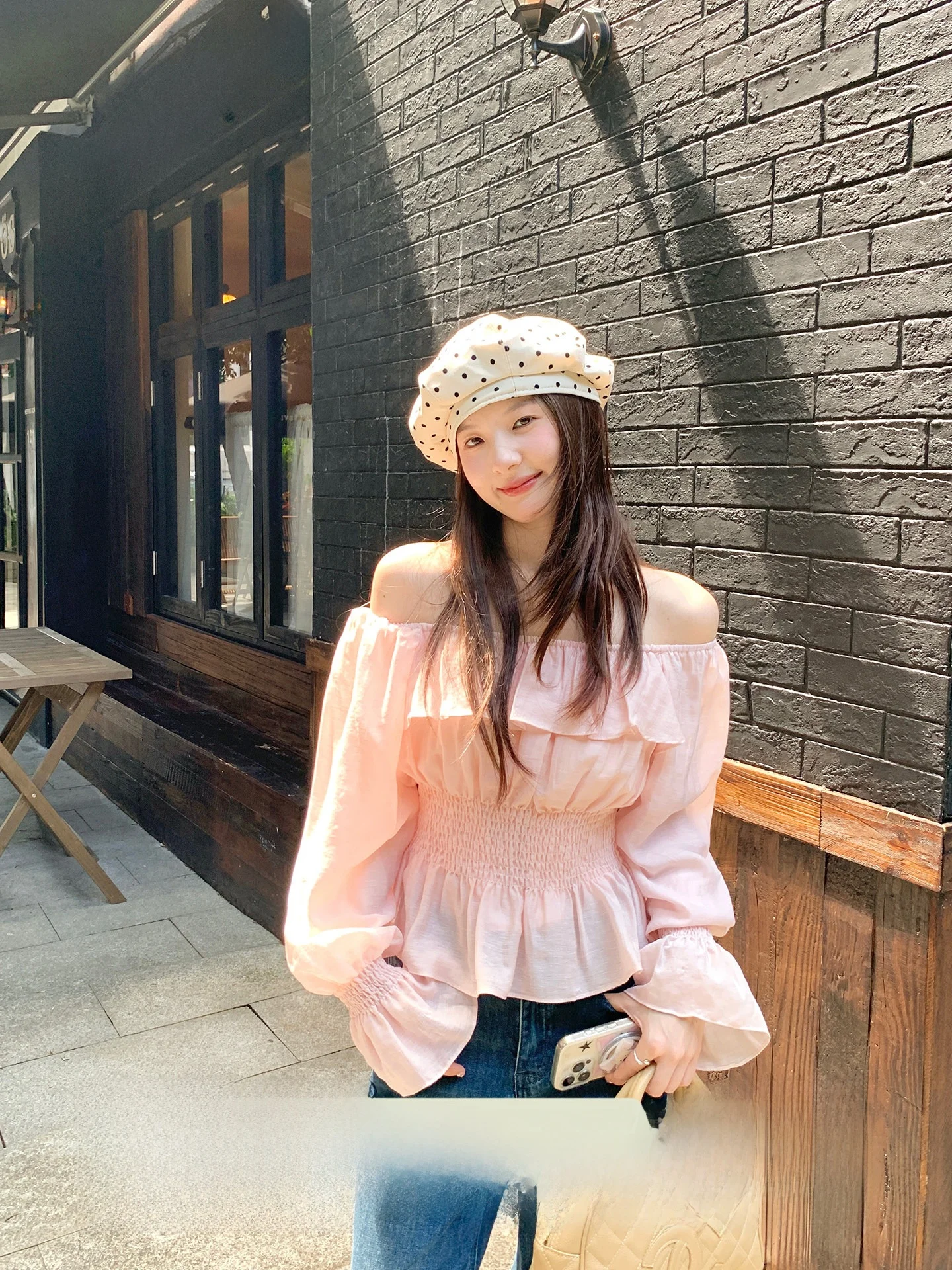 

Faionable Cheese Rabbit High Waist One oulder Women's irt Slimming Design Korean Sweet Sle Long Sve Casual Top