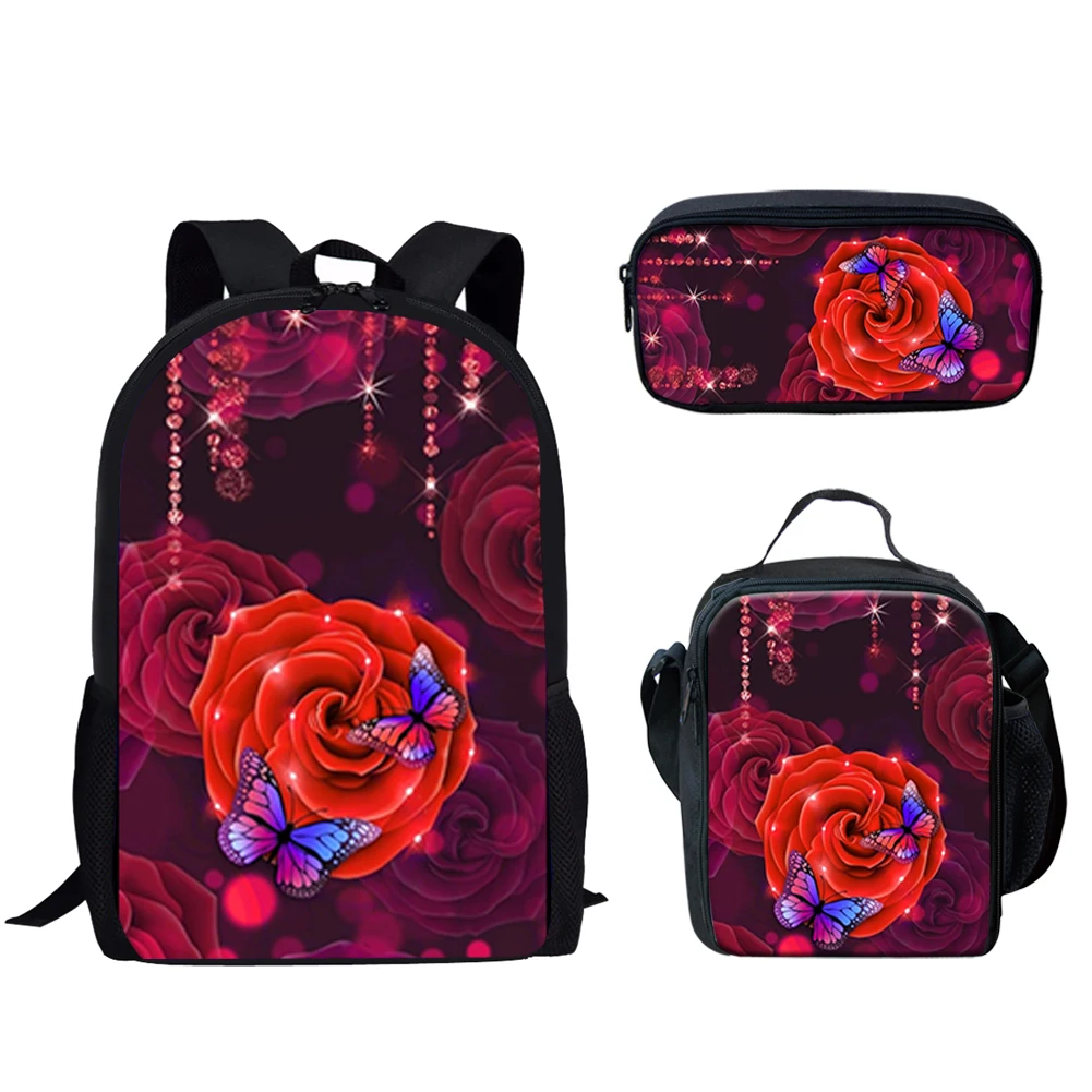 Gothic Red Rose Design Print 3Pcs School Bag Set for Teen Boy Girl Schoolbag for Student Casual Bookbag Large Capacity Backpacks