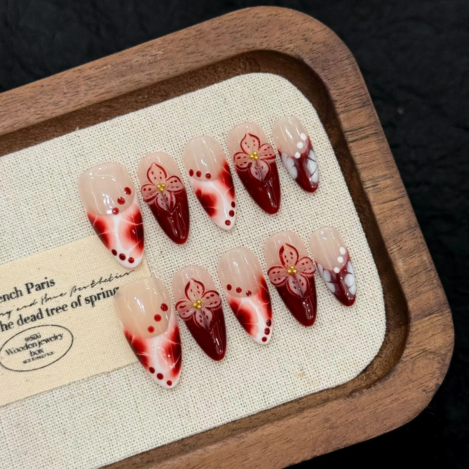 

Handmade Wine Red Retro French False Nails Charming Halloween 3D Flowers Decor Press On Nails Long Almond Blush Fake Nails 10pcs