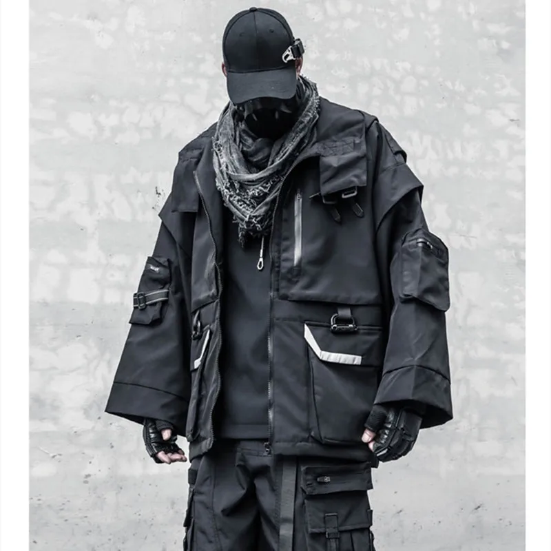 Multi Pockets Tactical Techwear Jacket Autumn Winter Men's Hip Hop Punk Oversize Coat Outdoor Function Windbreaker