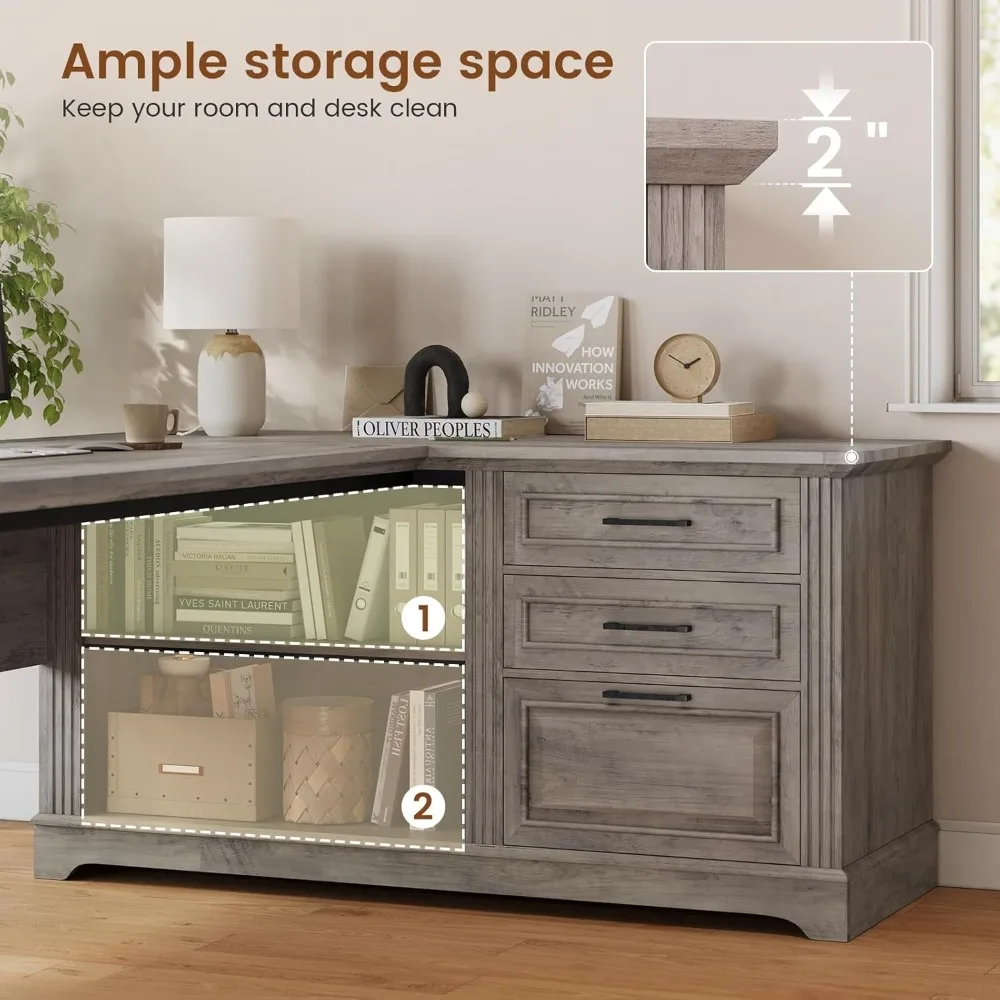 L-Shaped Executive Office Desk with File Storage & Power Outlets 3