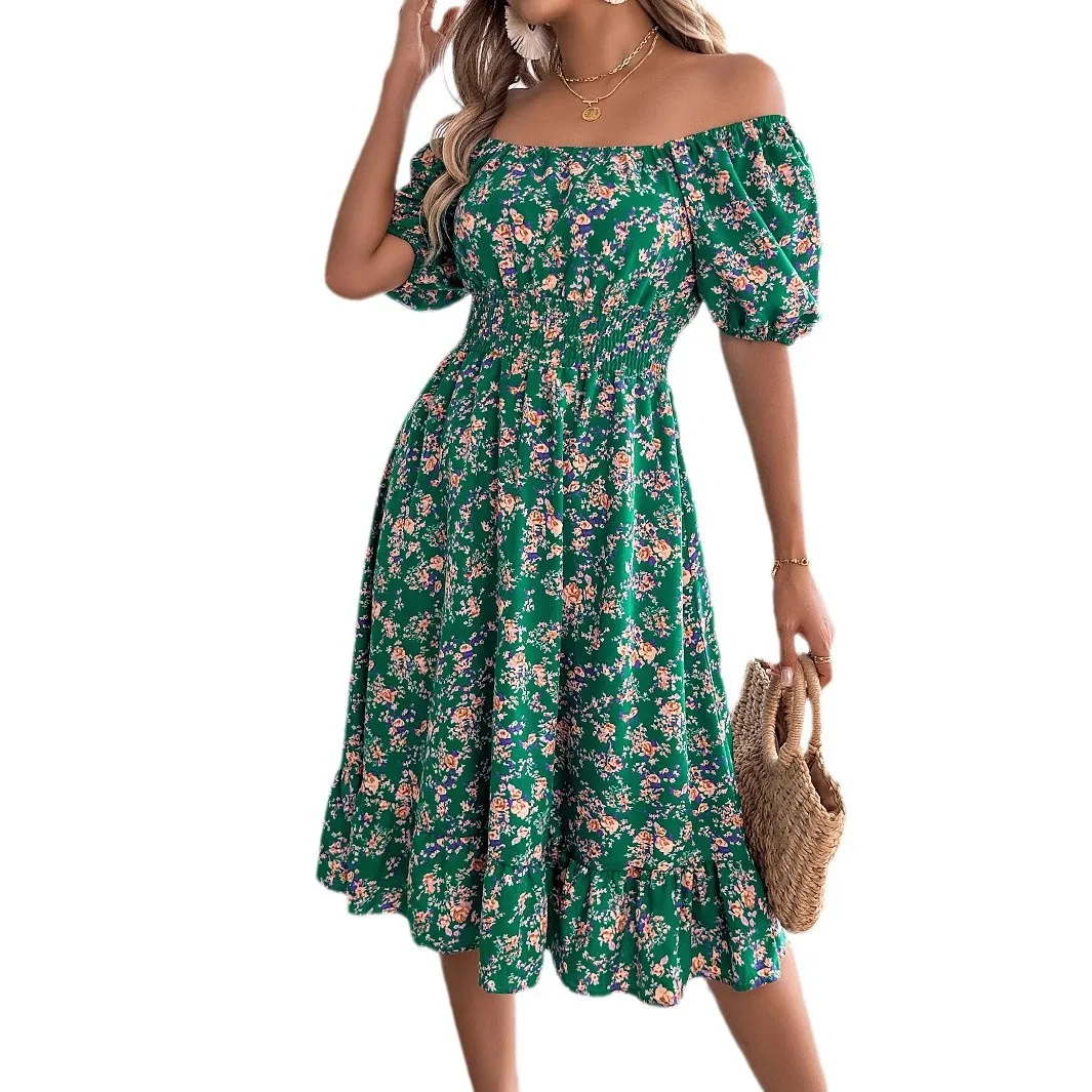 

Spring Summer Women Retro Floral Prints Square Collar Short Sleeve A-line Dresses Female Elastic Waist Ruffled Sweet Midi Dress