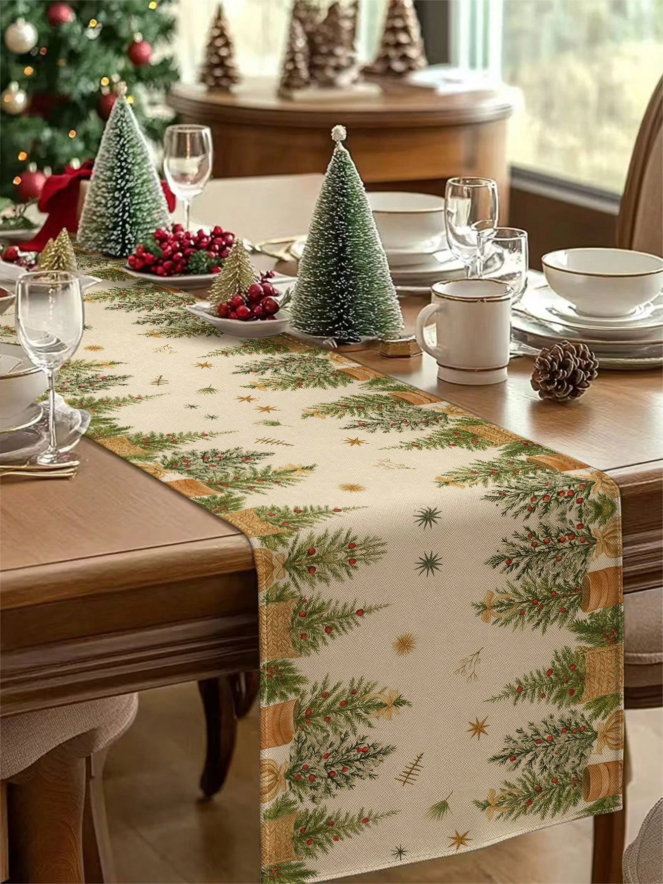 Weihnachten Tischläufer Weihnachtsbaum Muster Vintage Stil Tischdekoration für Esstisch Urlaub Party Dekoration festliches Design