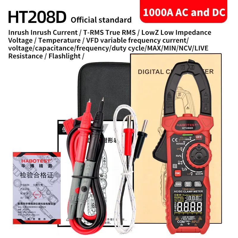 HABOTEST HT208D Digital Clamp Meter AC/DC True-RMS Multimeter Anto-Ranging Tester Current Clamp Digital Ammeter Clamp Meter