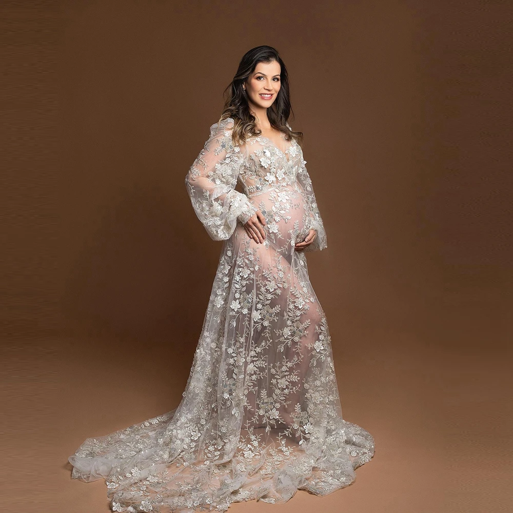 

Luxury Beaded Flowers Maternity Dresses For Photography Sexy See Thru Crystals Lace Mesh Pageancy Gowns Puff Sleeves Party Gowns