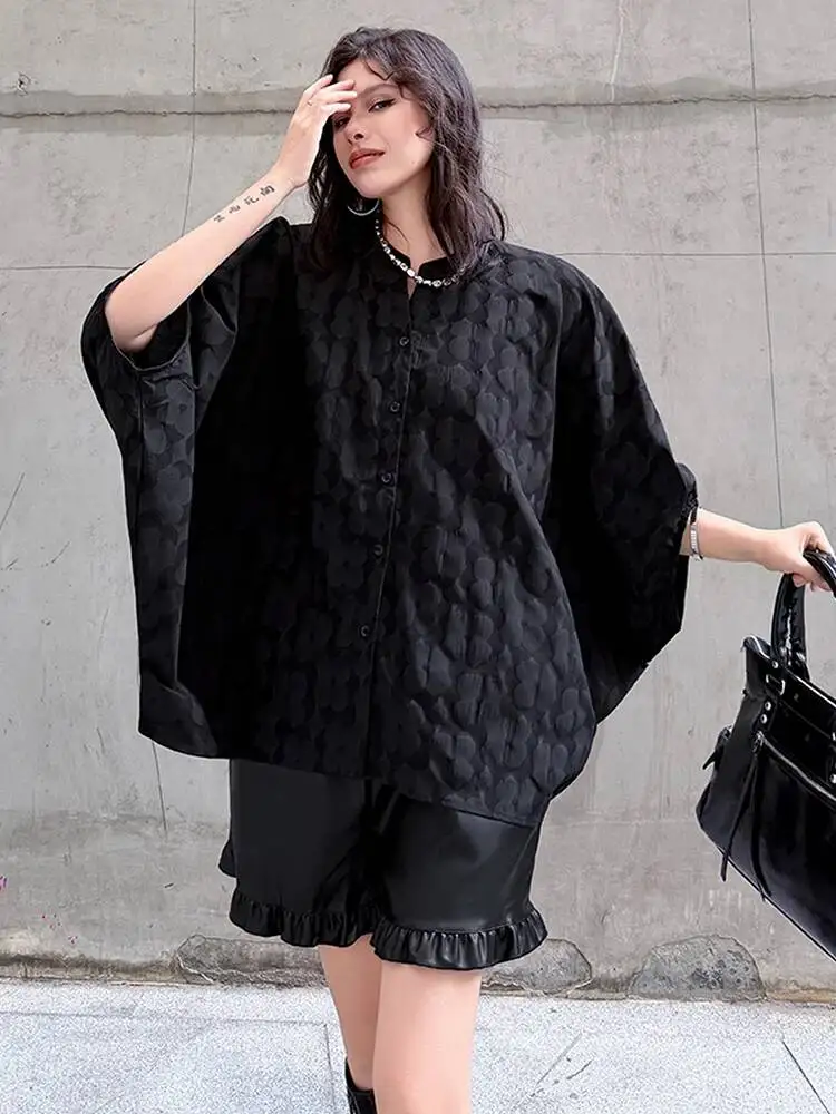 Black Jacquard Women Big Size Blouse New Lapel Three-quarter Batwing Sleeve Shirt Fashion Spring Autumn 2026 8QGH