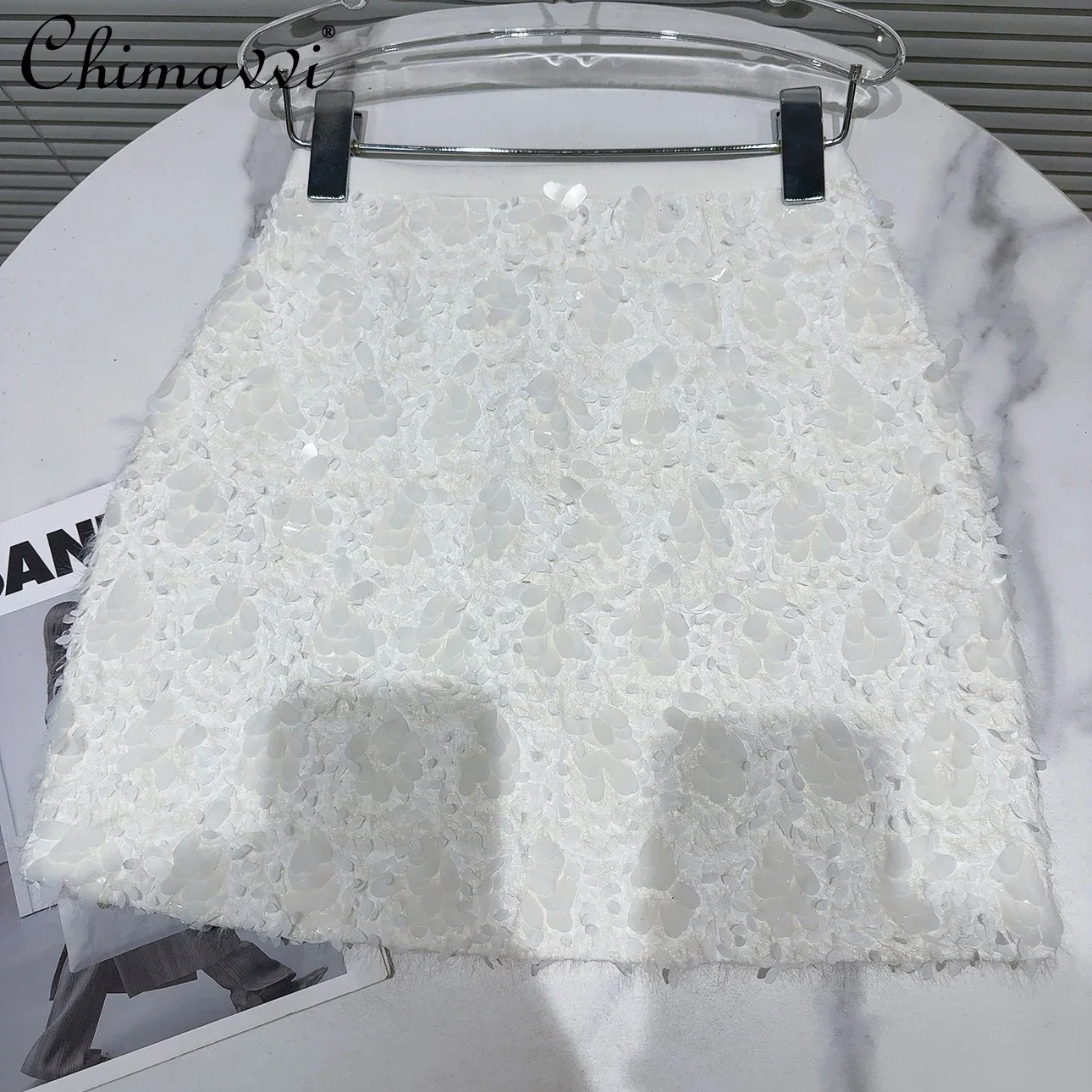 2024 Autumn Clothes New Fashion Sequined Tweed Temperament Short Skirt Women's High Waist Slim-fit Female A-shaped Skirts