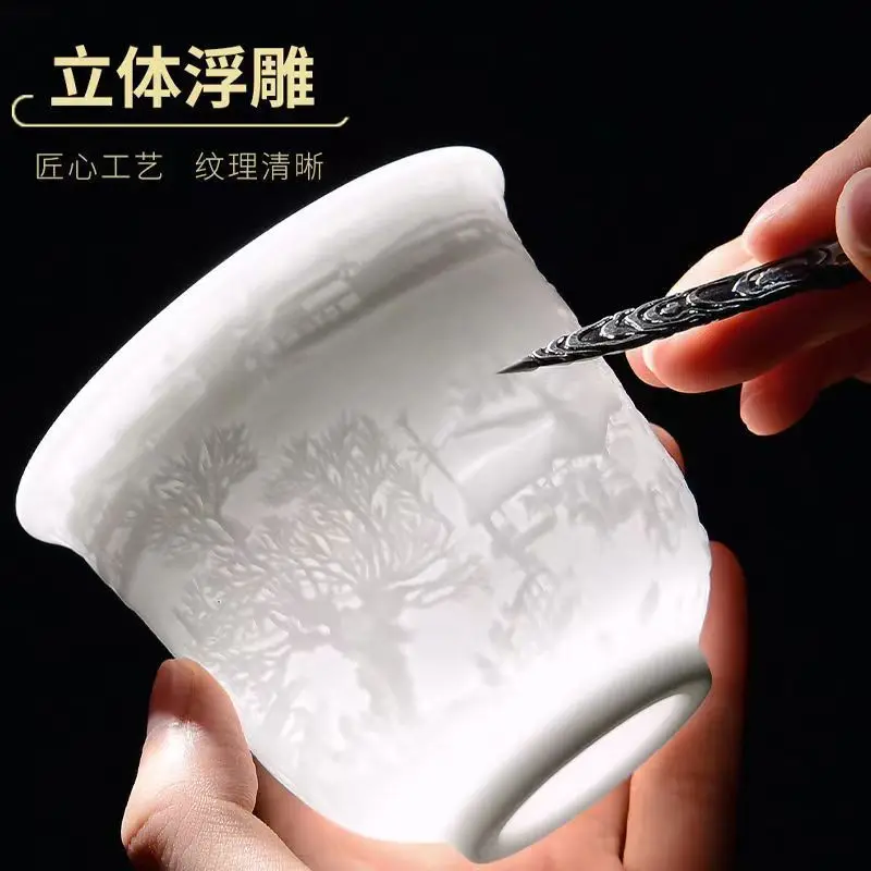 

Chinese Culture and Art White Jade Water Cup Large Capacity Chinese Style Qingming River Map High-Grade Tea Cup Collection