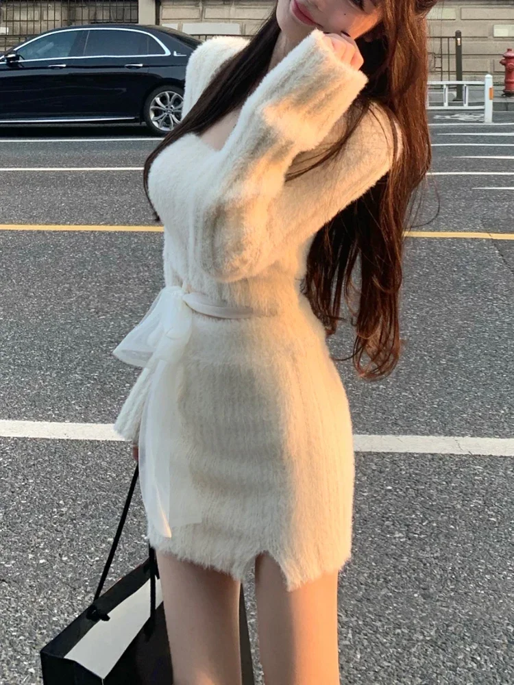 Knitted Sweater Suits Female Elegant 2 Piece Skirts Korean Fashion Even Party Y2k Crop Tops Japanese Kawaii Clothing 2023 Winter