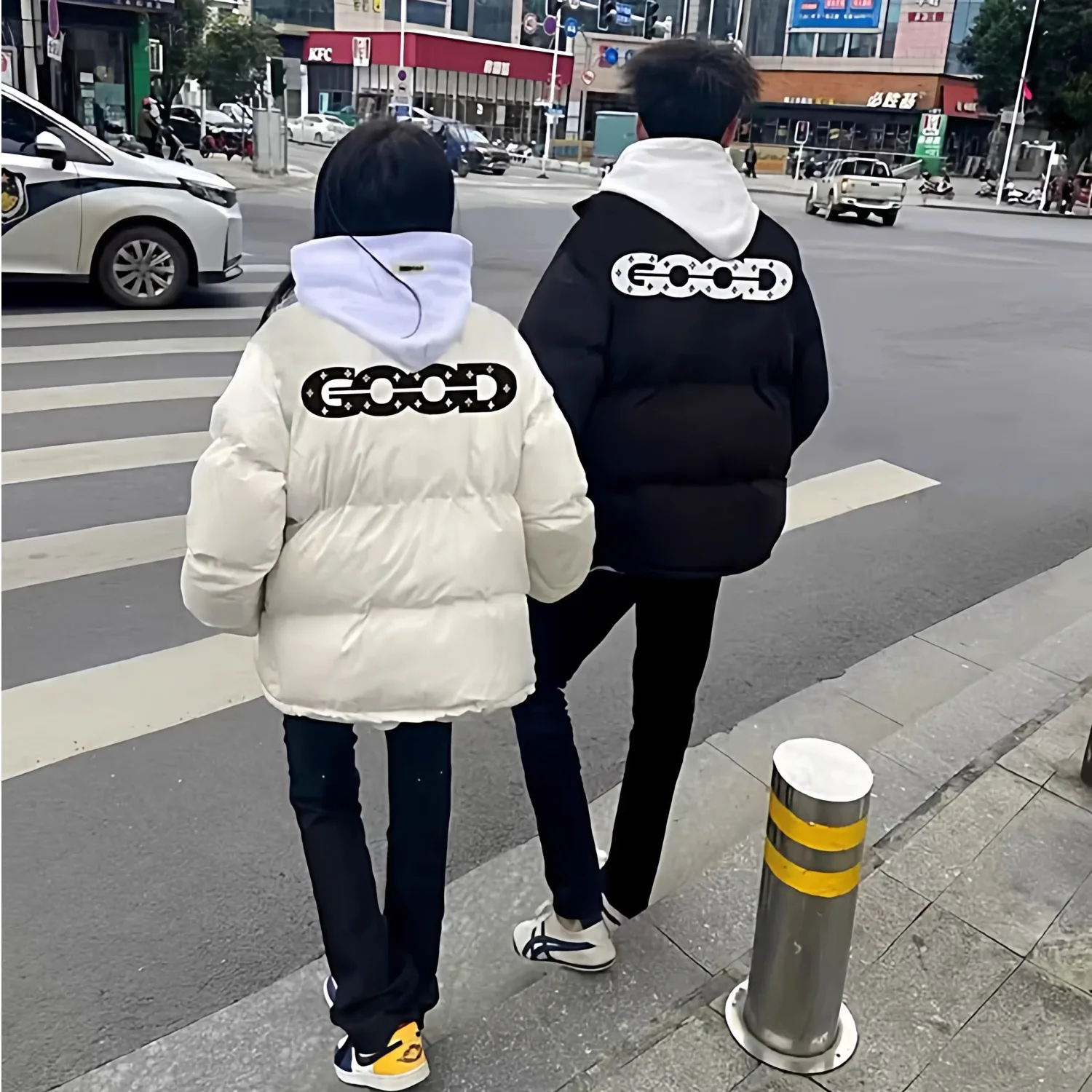 

Winter Thiened Men's down Jaet Street Sle Couple's Bread Coat Loose Fit Long Sve Polyester Fiber Casual Youth Faion
