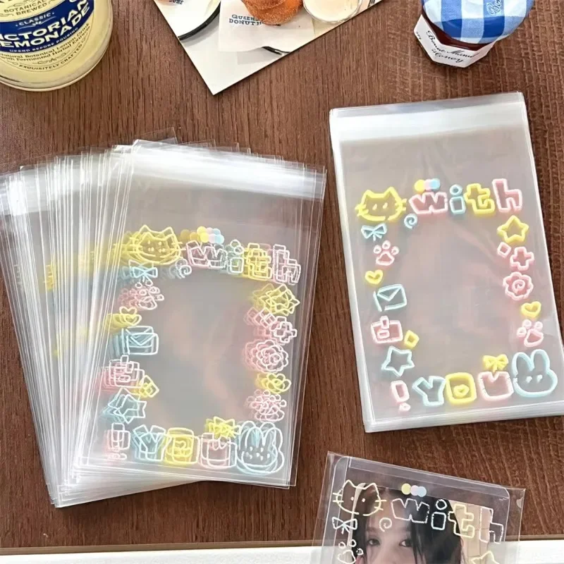 20/50/100 pcs Star small card sealing bags graffiti kitten model self adhesive bags ins style transparent self sealing bags