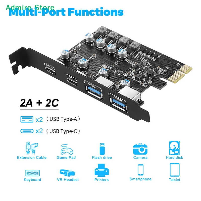 [G]PCI Express Card 2Port USBA/ USBC 5Gbps USB3.2 Gen1 USB3.0 PCIE Card Expansion Add On Card Adapter For Windows/MacOS/Linux