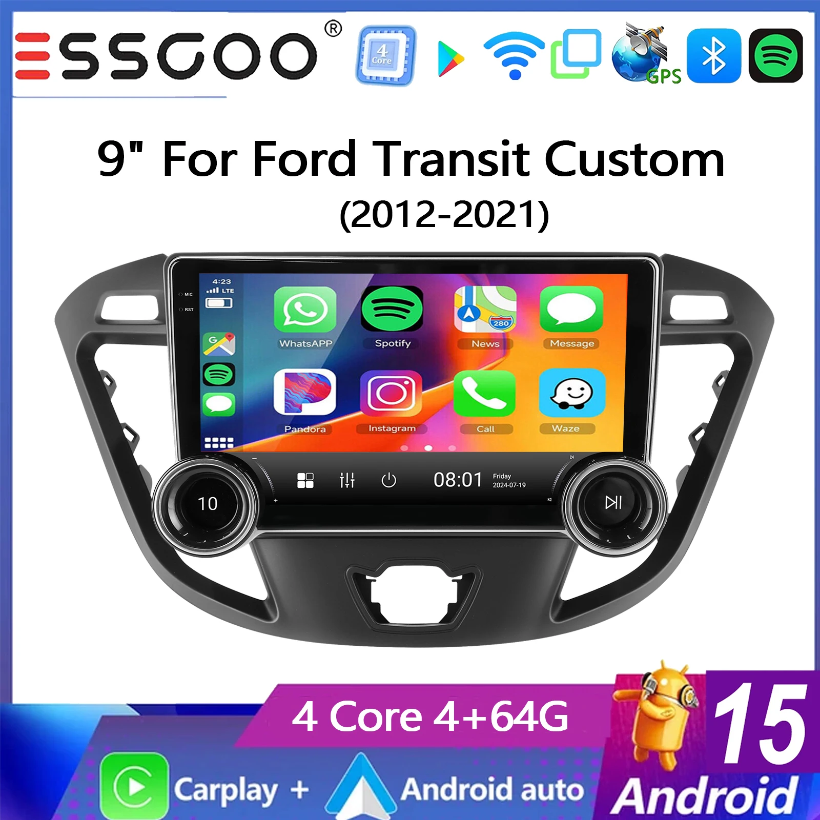 ESSGOO 10.1" 4+64G Android 15 Car Stereo Radio For Ford Transit Custom 2013-2021 Wireless CarPlay Android Auto GPS Navigation WIFI FM Bluetooth RDS SWC ASP Mirror Link Multimedia Video Player Head