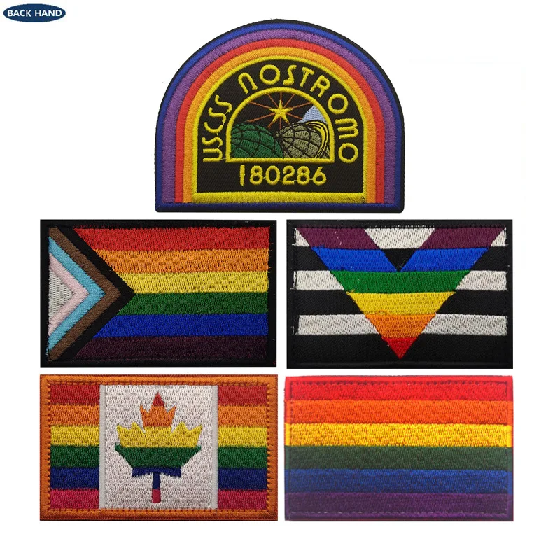 Colorful Stripes Maple Leaf Embroidered Patch Rainbow Arch USCSS NOSTROMO Uniform Shirt Applique Iron On DIY Badges For Clothing