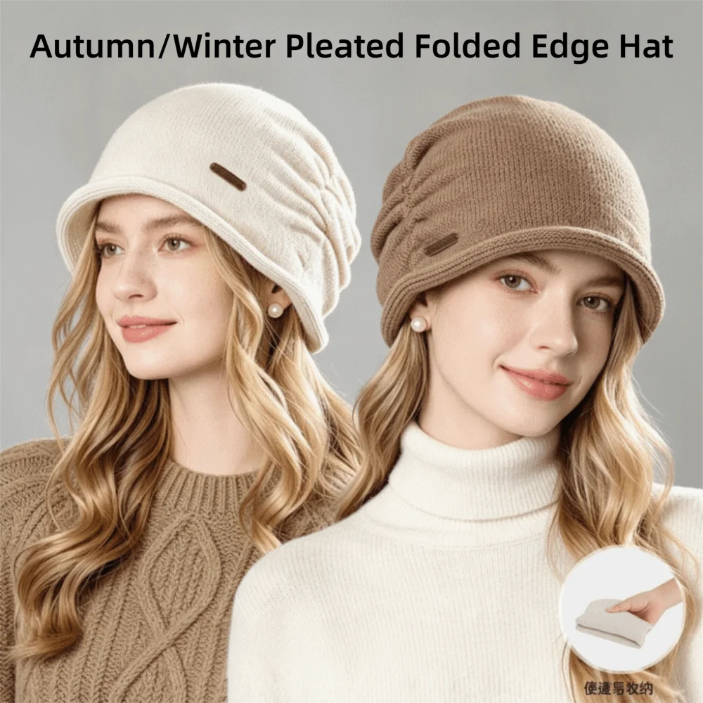 Soft Pleated Knit Winter Pullover Hat Thickened Fleece Lined Short Brim Fisherman Hat Cold-Proof Windproof Knitted Hat For Women