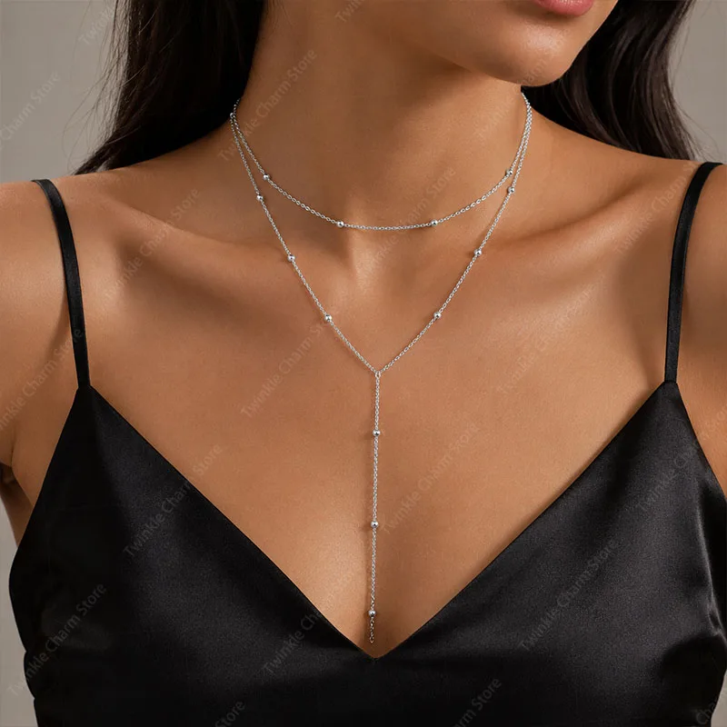Fashion Y-Shaped Pendant Necklaces For Women Girls Luxury Double Laryer Long Tassel Chain Drop Pendant Choker Necklaces Jewelry