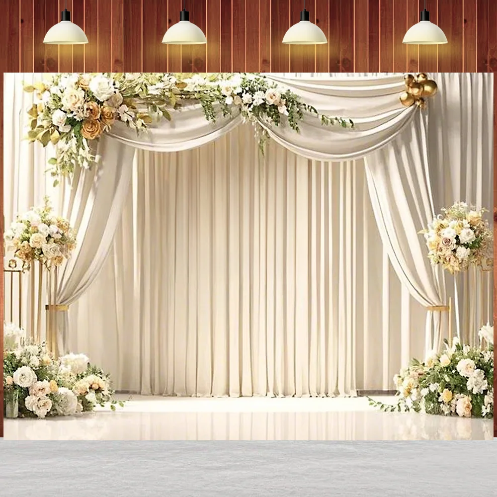 

Wedding Theme Background banquet dinner party Decorations flower plant Solid color white curtain Photography booth