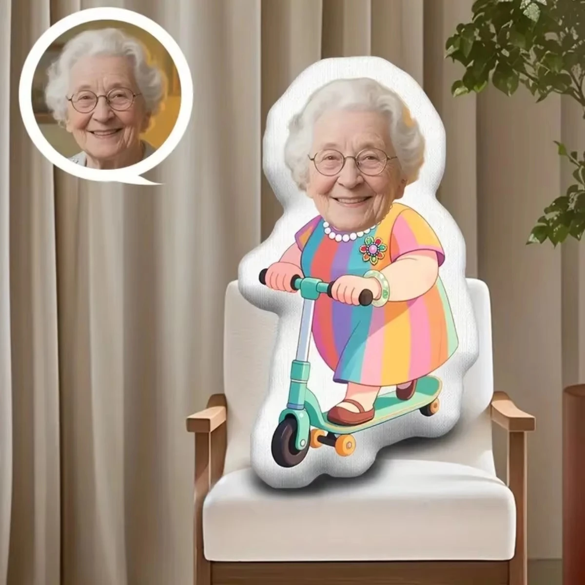 Custom Photo Grandma Scooter Shaped Pillow Single Sided Print Personalized Face 3D Plush Cushion Home Decor Gift Throw Pillow