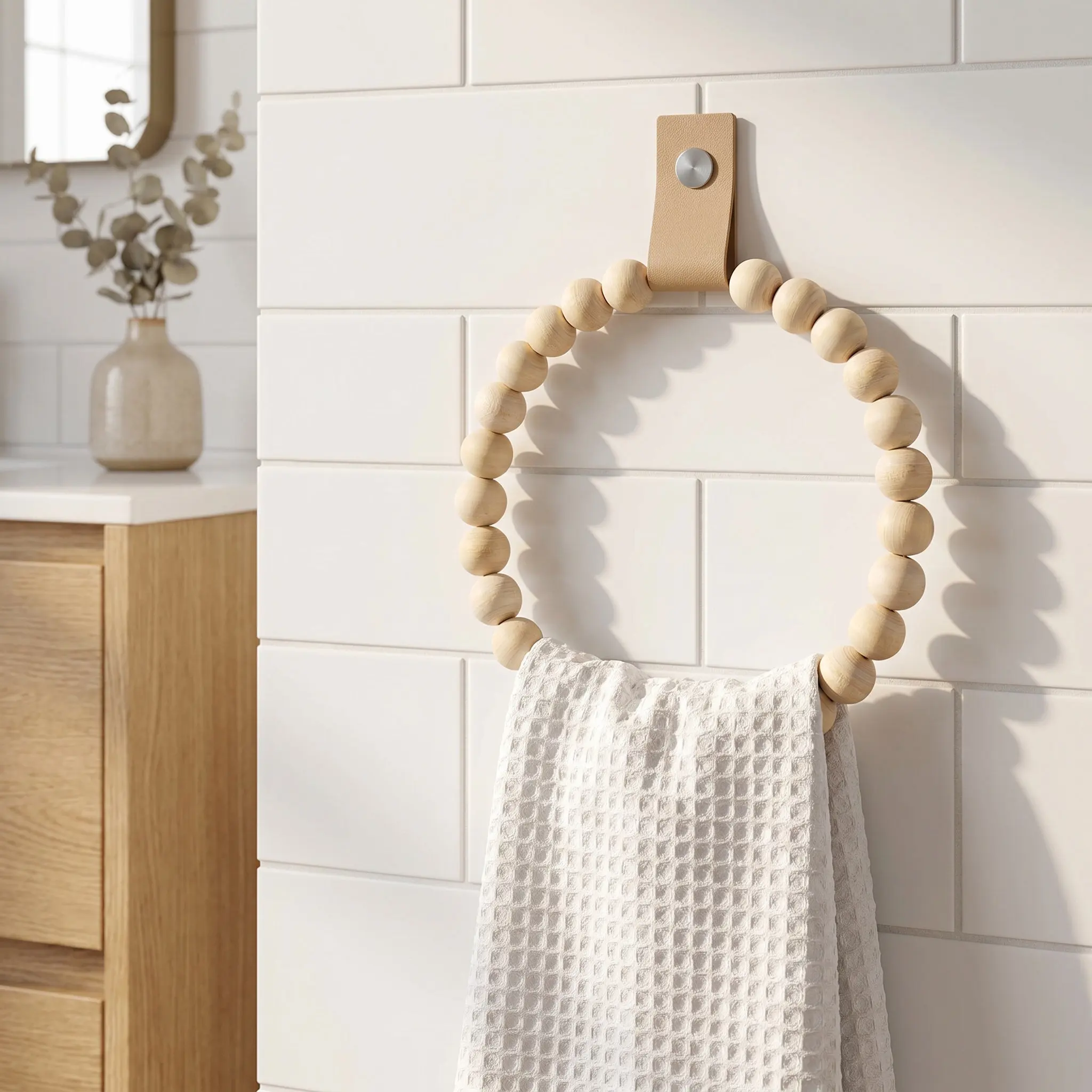 2Pcs Wooden Towel Ring Boho Macrame Rustic Hand Towel Holder Wall Mounted Bathroom Kitchen Farmhouse Rack Boho Hooks