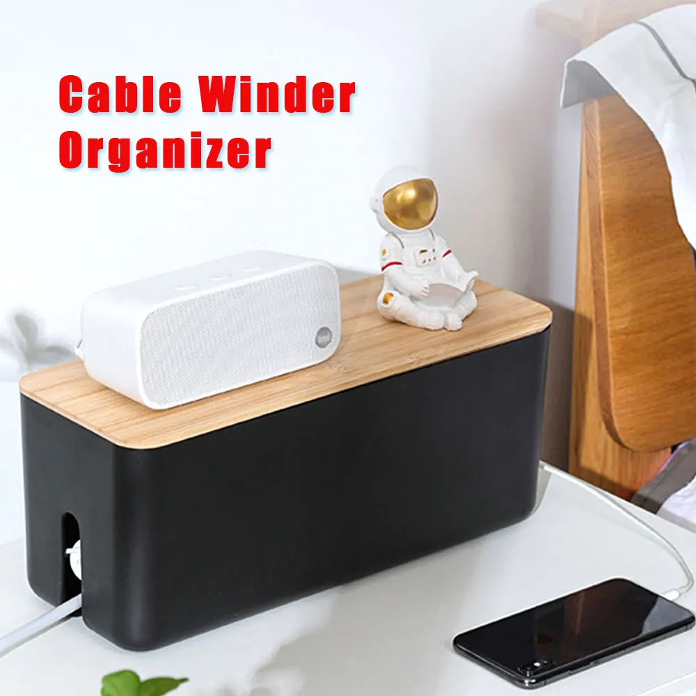 Cable Storage Box Wooden Power Line Storage Case Dustproof Charger Socket Organizer Wire Case Home Cable Winder Organizer Black