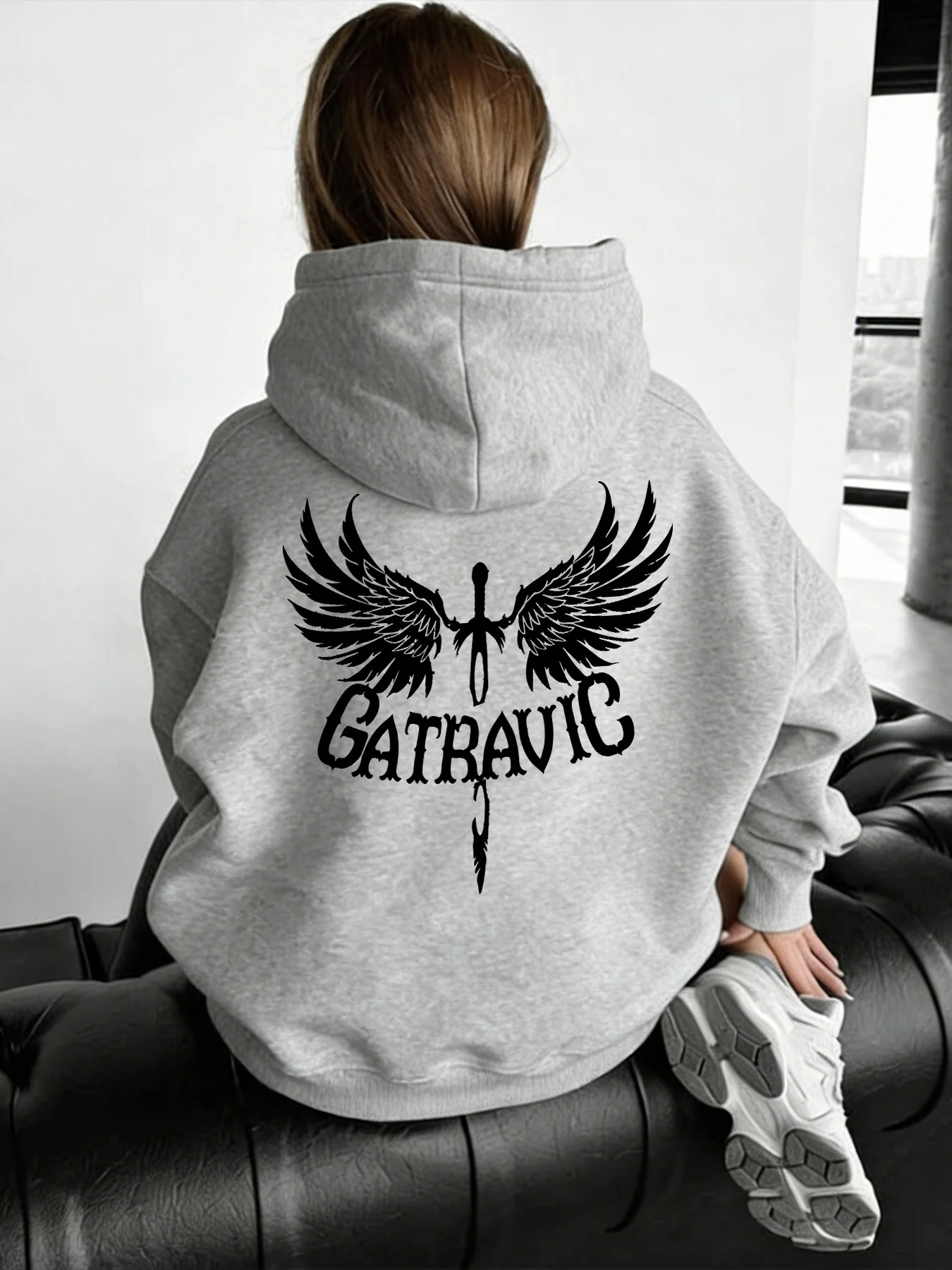 Gothic style long sword wing pattern printed hoodie, high street loose hoodie, autumn and winter new item, unisex