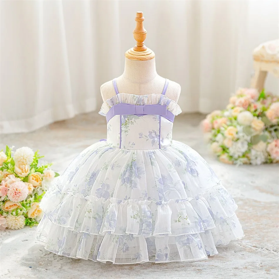 Baby Girls Floral Purple Dress Toddler Flower Lolita Dresses Baby 1st Flower Girl Suspender Children Princess Cake Skirt ASQ03