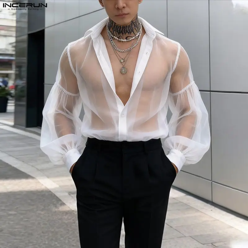 INCERUN Herrenhemden Mesh Patchwork Langarm Durchsichtige Herrenbekleidung Streetwear Party 2026 Sexy Mode Tops Mann Camisa