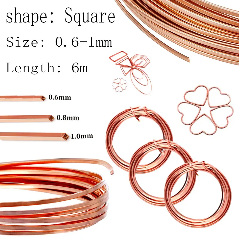 0.6mm 0.8mm 1mm Pure Coppers Square Wire 6M Roll, Tinned/Bare for DIY Jewelry Making, Rings, Bracelets, Craft Accessories