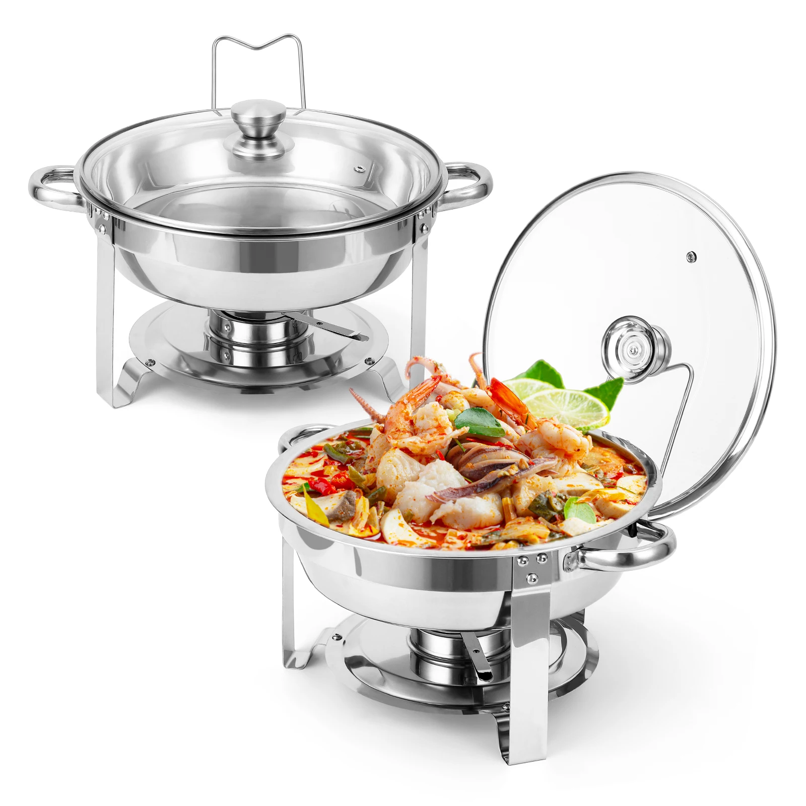 

Chafing Dish Buffet Set 2 Pack 5QT, Stainless Steel Round Chafing Dishes for Buffet with Lid Holder & Glass Lid, Buffet Servers