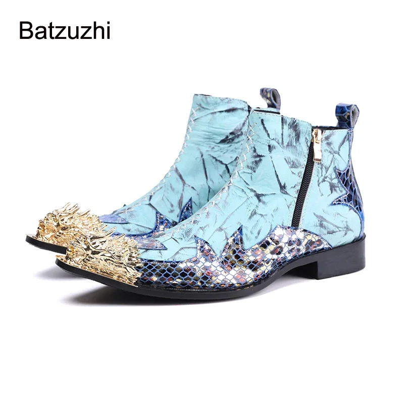 

Batzuzhi New Design Men's Boots Personality Golden Iron Toe Blue Genuine Leather Ankle Boots Men Zip Western Cowboy, Party Botas