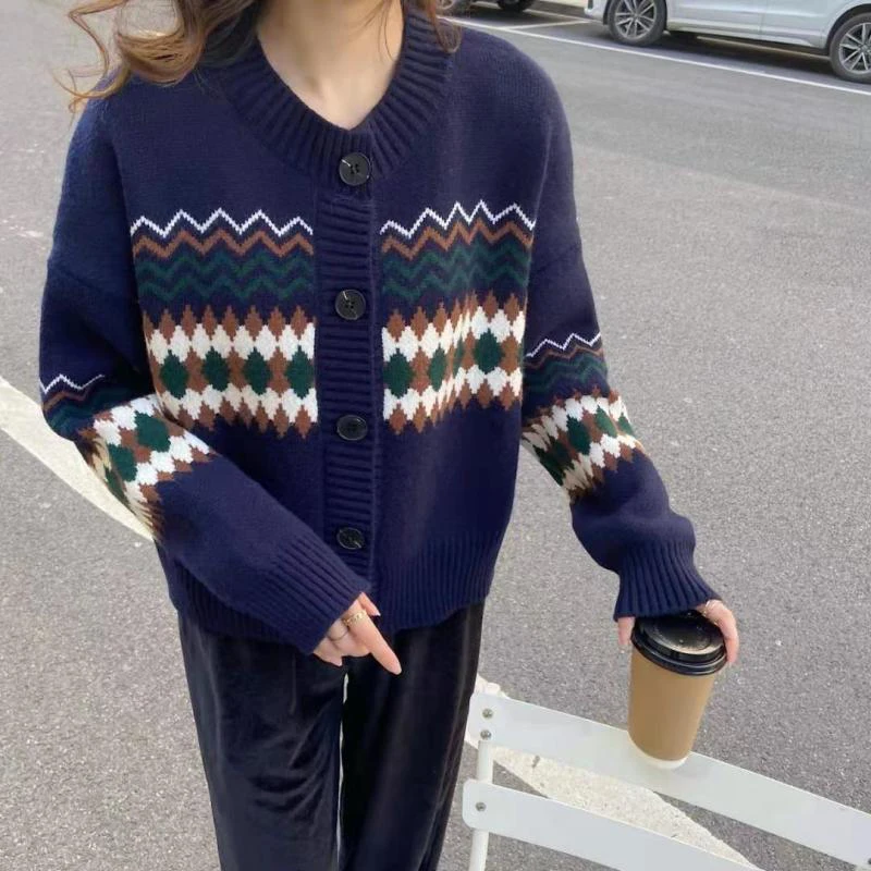 Casual Women Argyle Vintage Cardigan Sweaters Korean O Neck Loose Sweet Knitted Coat Retro Long Sleeve Female Preppy Style Tops