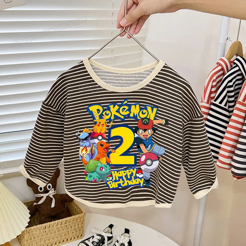 Pokemons Number Striped Tops for Kids Kawaii Anime Figure 1 2 3 4 5 6 7 8 Waffle Long Sleeved Shirts Toddler Boys Girls Clothes