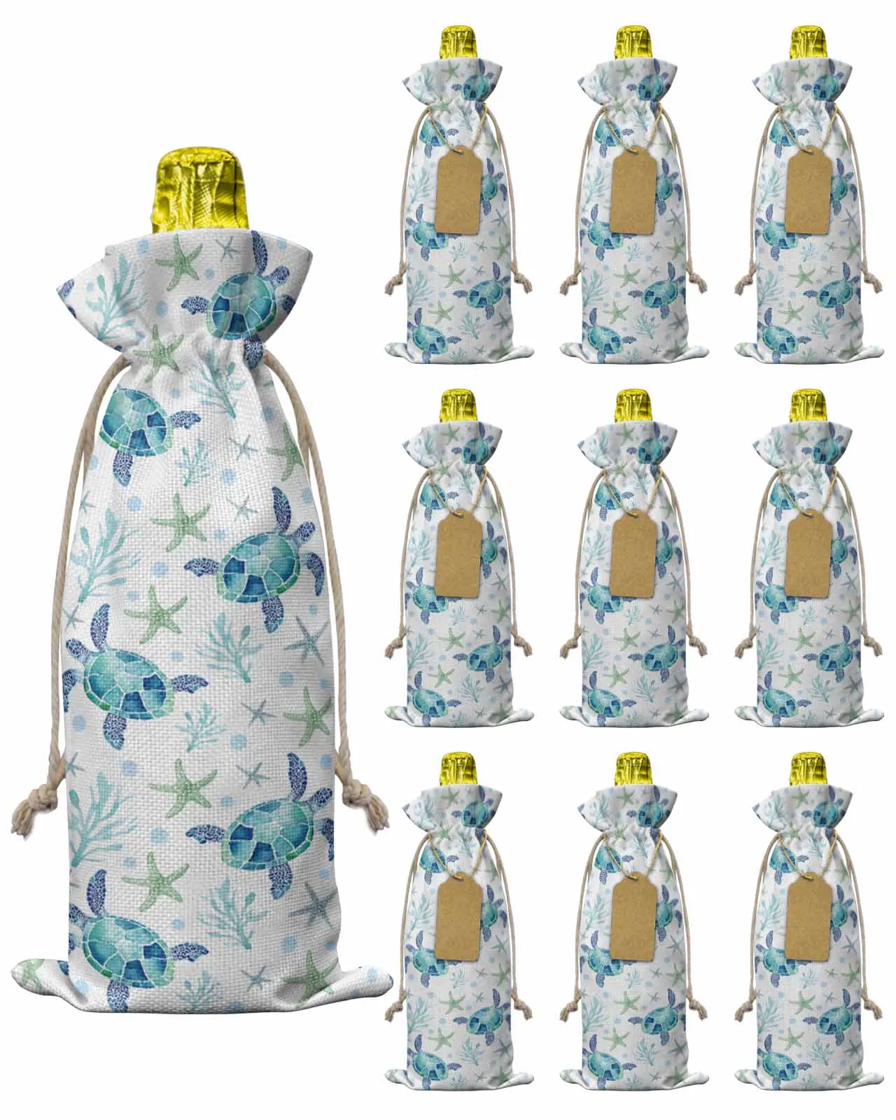 

10pcs Wine Bottle Covers Ocean Coral Watercolor Starfish Wine Holder Carrier Packaging Bag Wedding Party Decor Gift