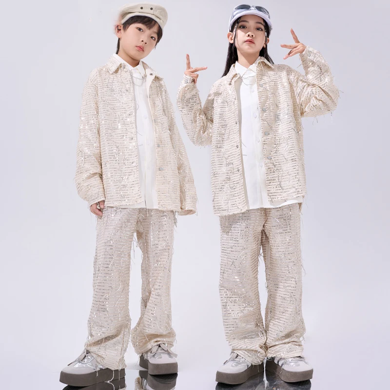 

Kids Street Dance Hip Hop Costume Sequin Shirt Coat Pants Long Sleeves Performance Suit For Girls Boys Jazz Stage Clothes L13723