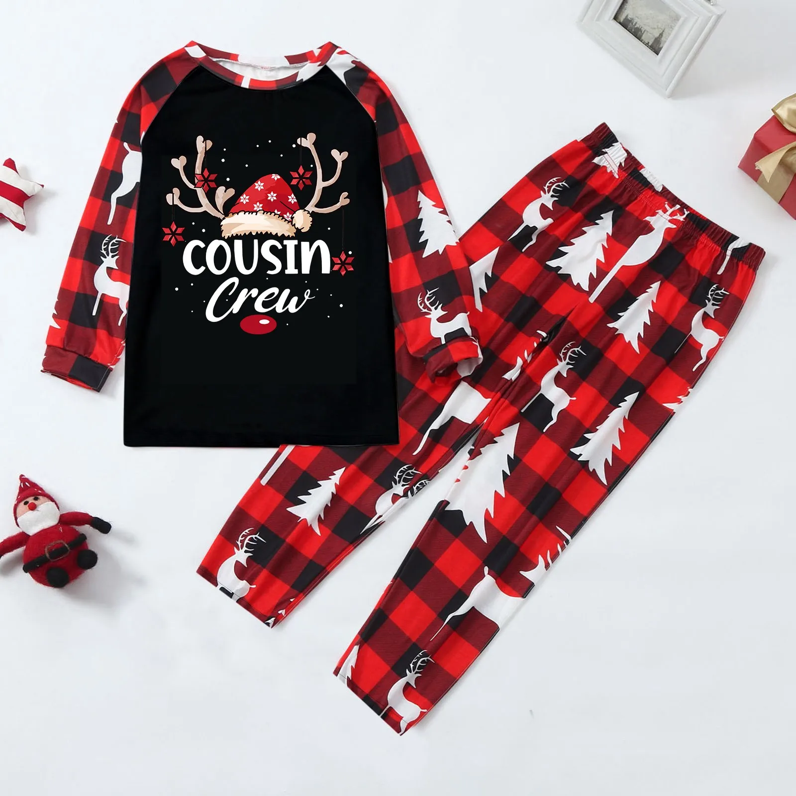 Fathers Family Christmas Pajamas Home Costume Set Christmas Print Pajamas Plaid Sleeves Holiday Pajamas Parent Child Set