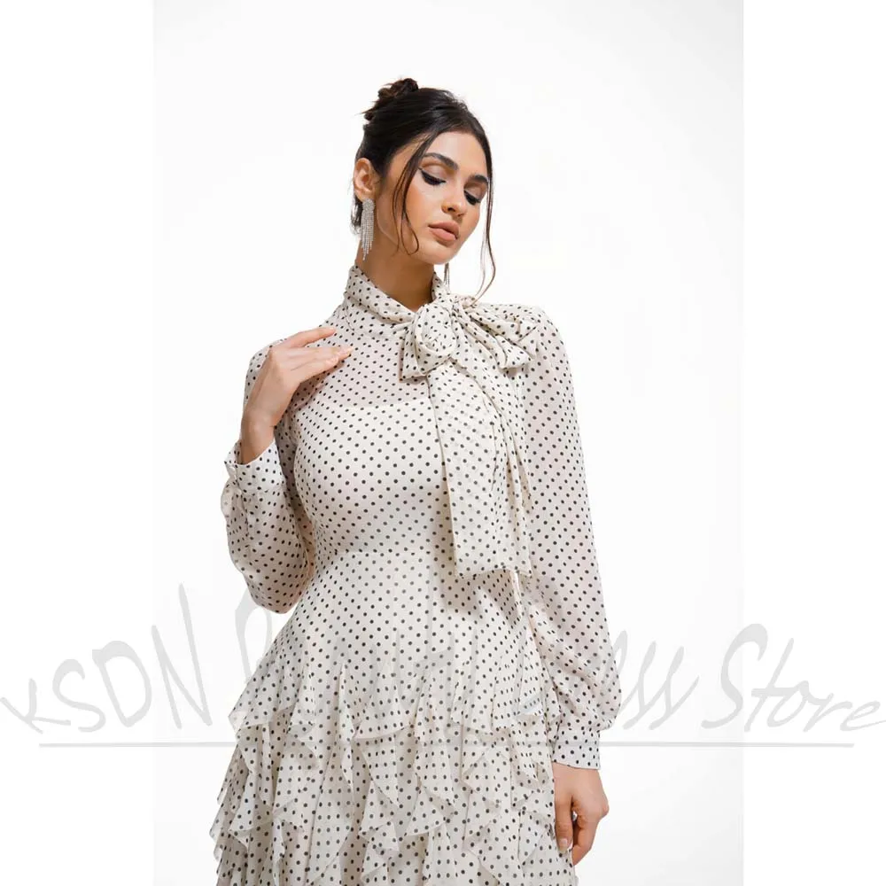 Chic polka-dot vestidos femininos mangas compridas em camadas a linha vestidos de festa moda diária escritório casual tornozelo comprimento vestidos de noite