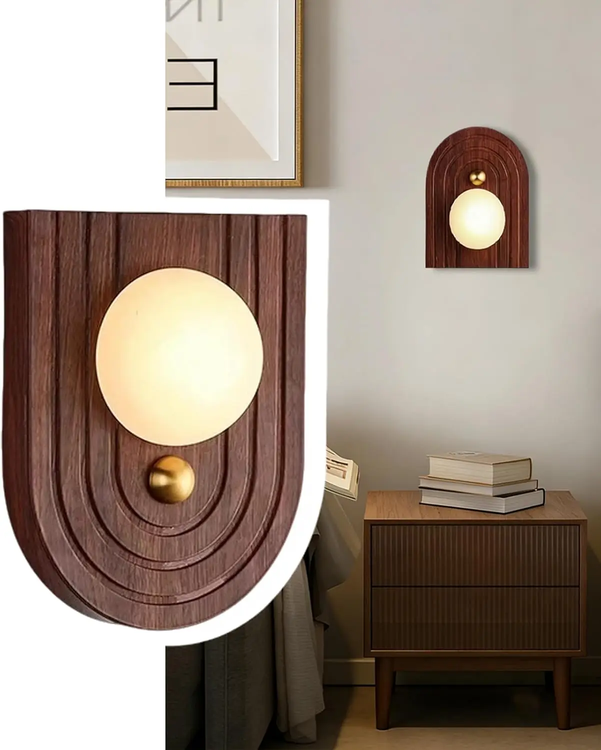 Natural Marble Wall Sconces U-Shaped Wood Grain Metal Base, Vintage Travertine Lights Fixture for Bedroom Living Room Hallway