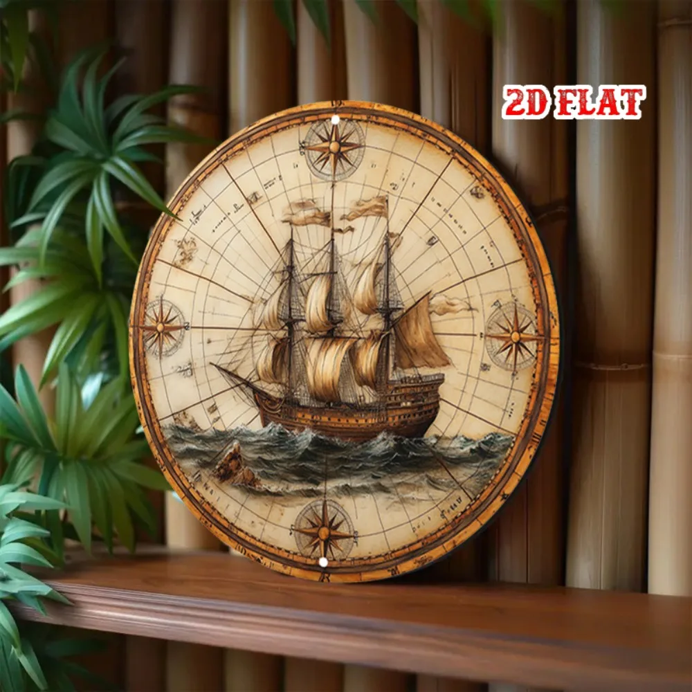 Vintage Nautical Compass Metal Sign Old World Map Aluminum Wall Art Frameless Sailing Ship Decor for Living Room 7.8x7.8 Inch Gi