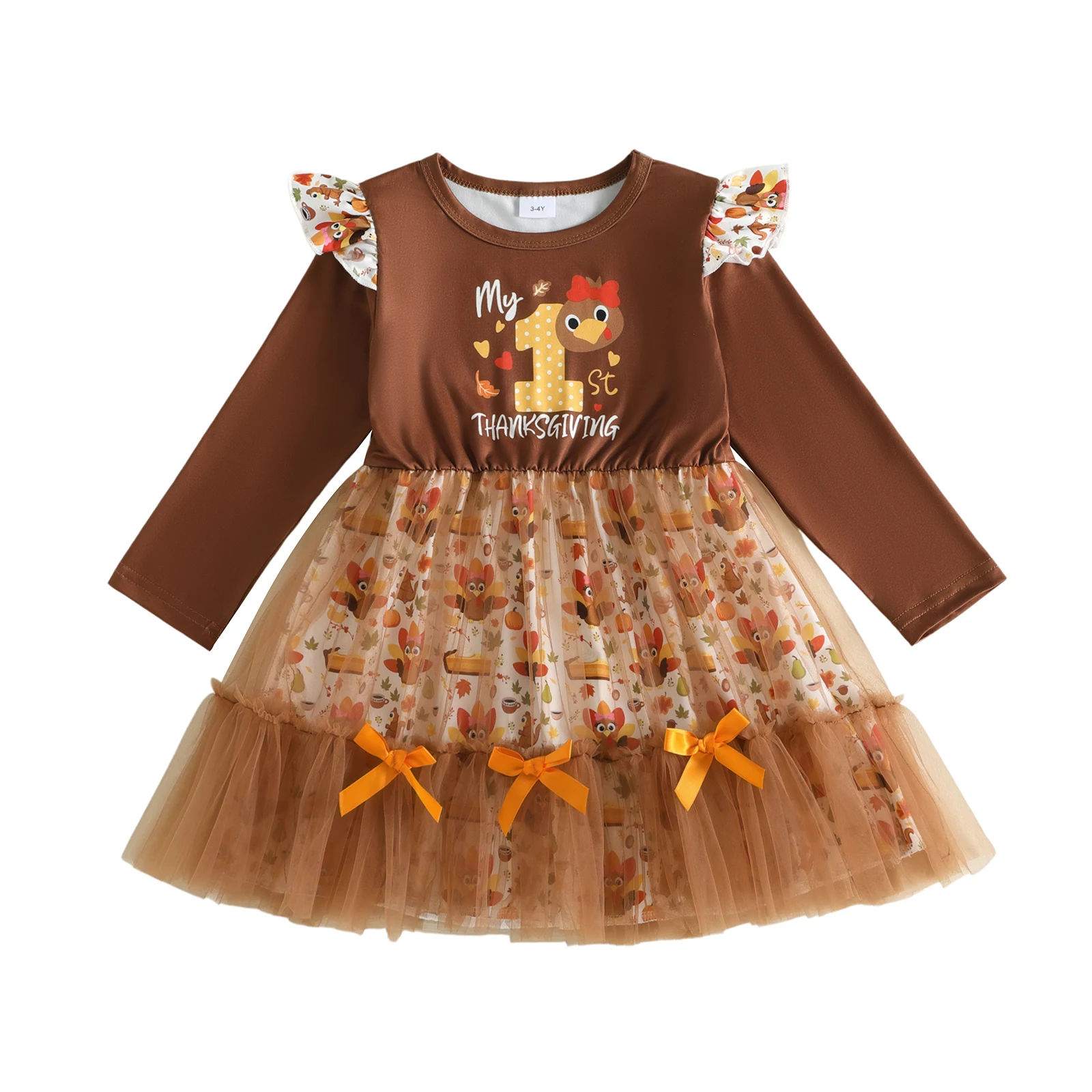 Thanksgiving Girl Dress Long Sleeve Crew Neck Turkey Print Fall Tulle Dress
