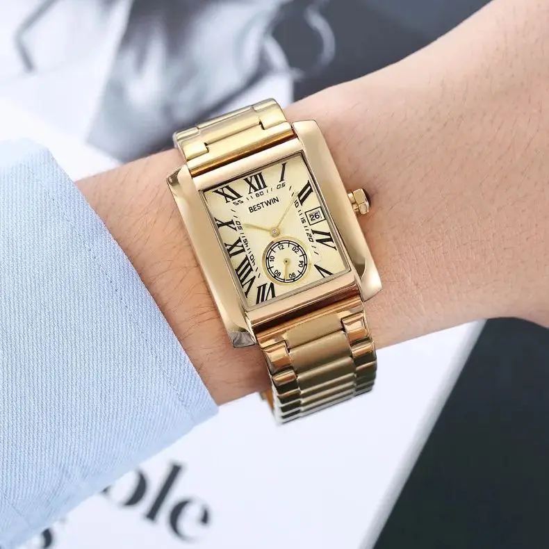 高級スクエアダイヤル防水日付レザー腕時計男性用ステンレス鋼ミリタリーマンウォッチクォーツメンズ腕時計リロイ