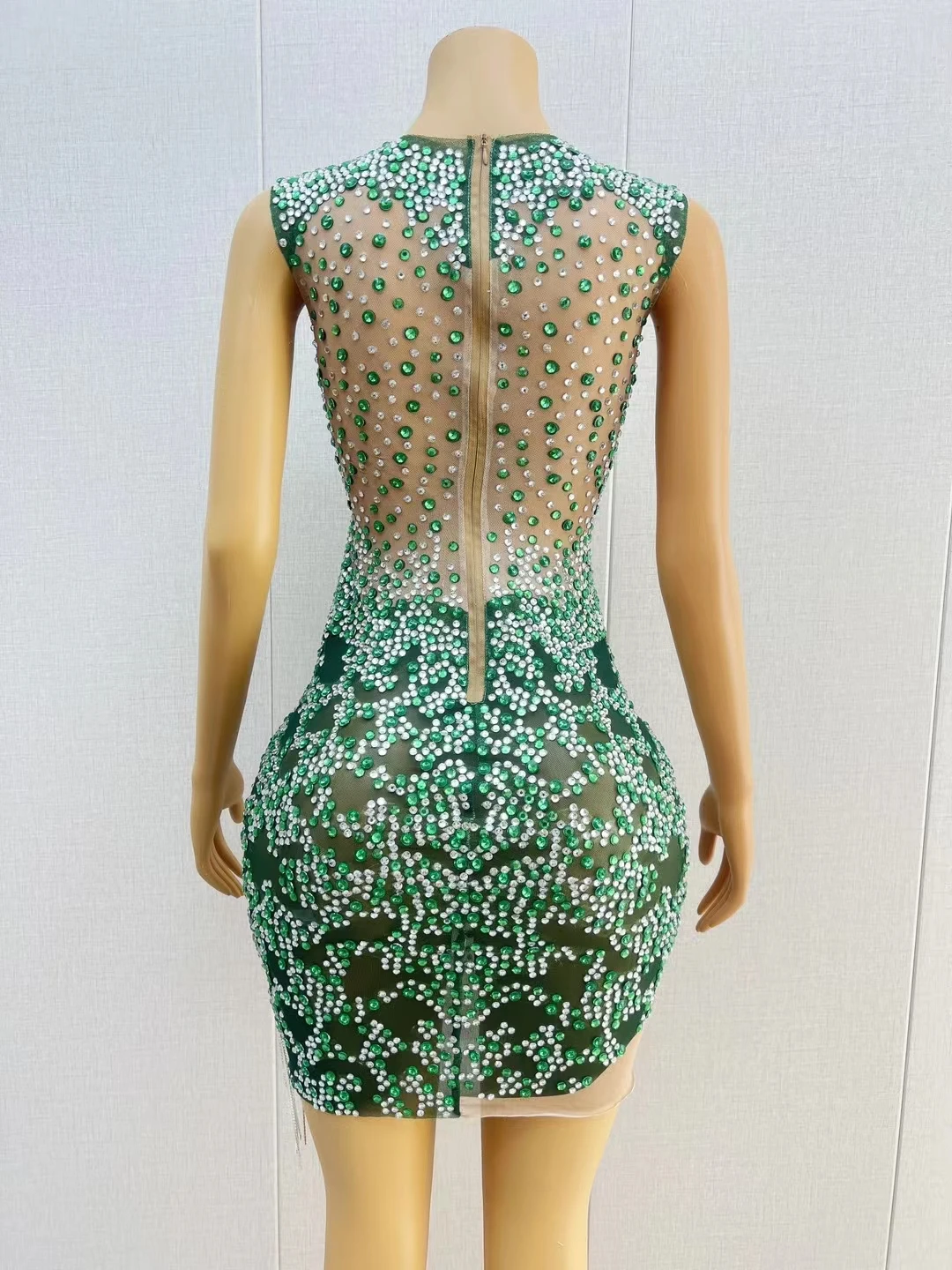 Sparkly Rhinestone Tassel See Through Mesh Mini Dress Birthday Celebrate Party Green Short Dress Nightclub Prom Outfit Shenlin