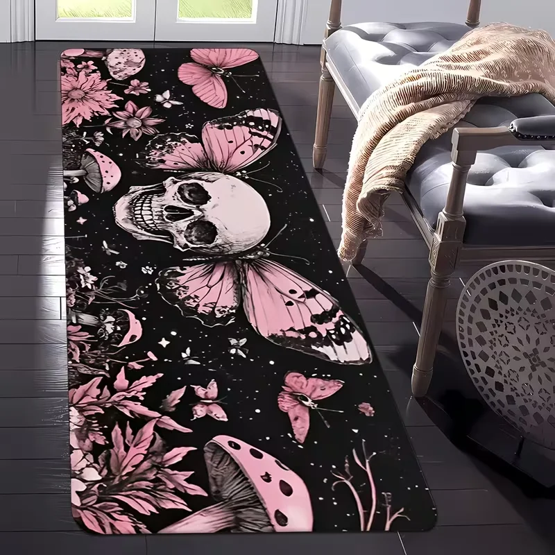 Gothic Pink Skull Butterfly Mushroom Long Runner Rug Anti Slip Floor Mat Hallway Bedroom Living Room Corridor Non Skid Carpet