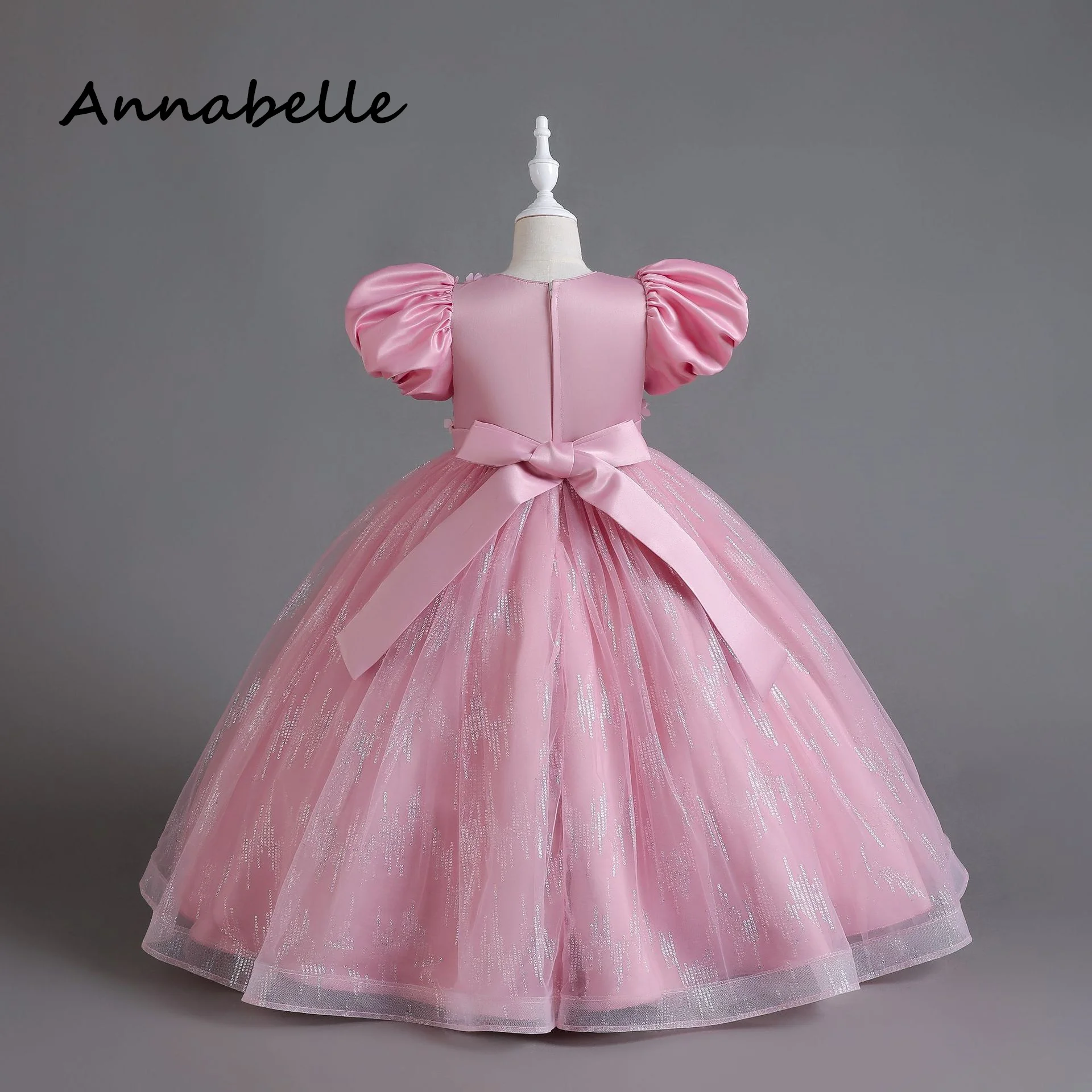 Annabelle Flower Baby Girl Bow Dress For Wedding Party Elegant Dresses Kids Bridesmaid Children Puffy Baby Clothes Princess